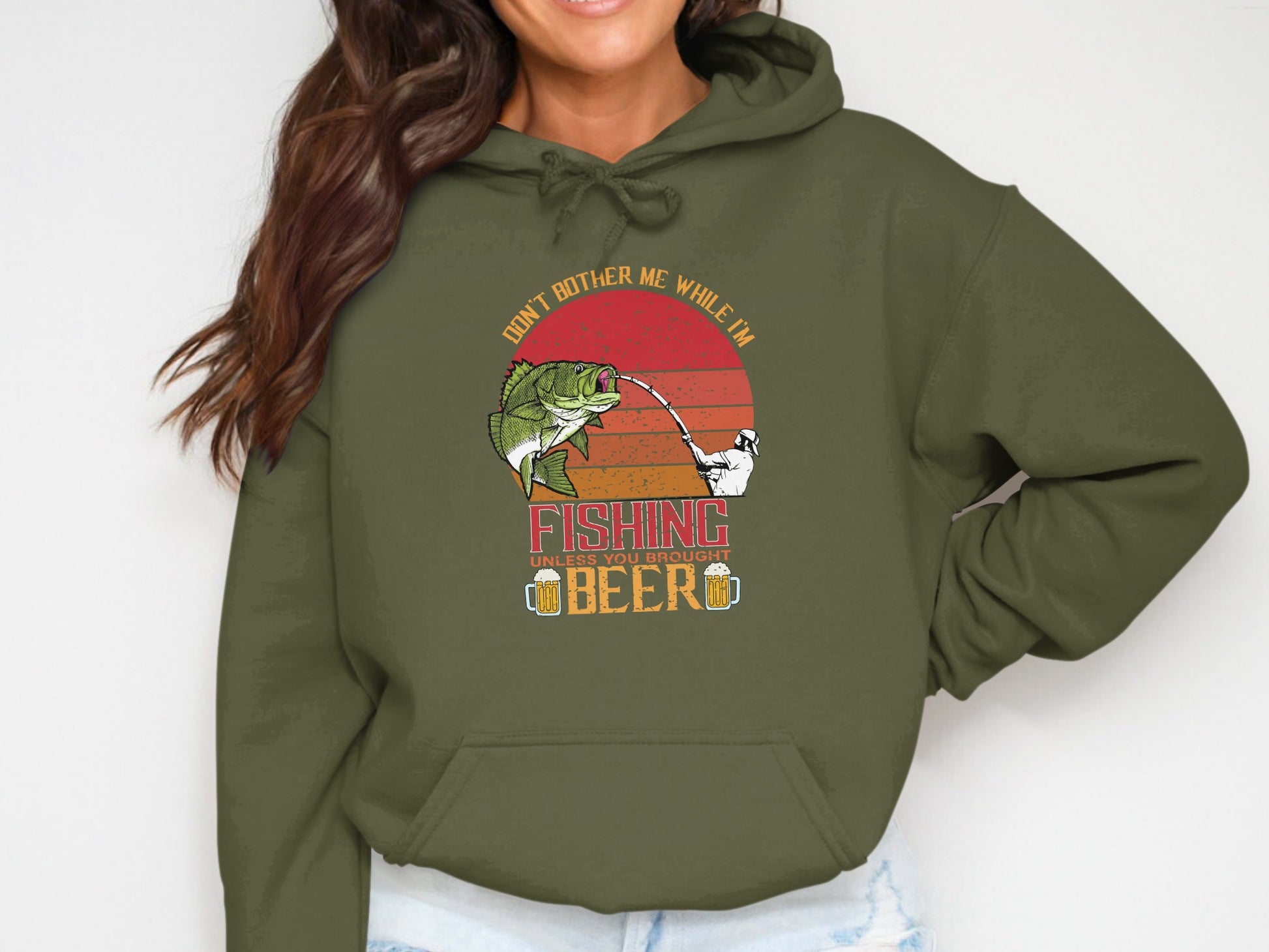 Olive green hoodie with fishing and beer graphic.