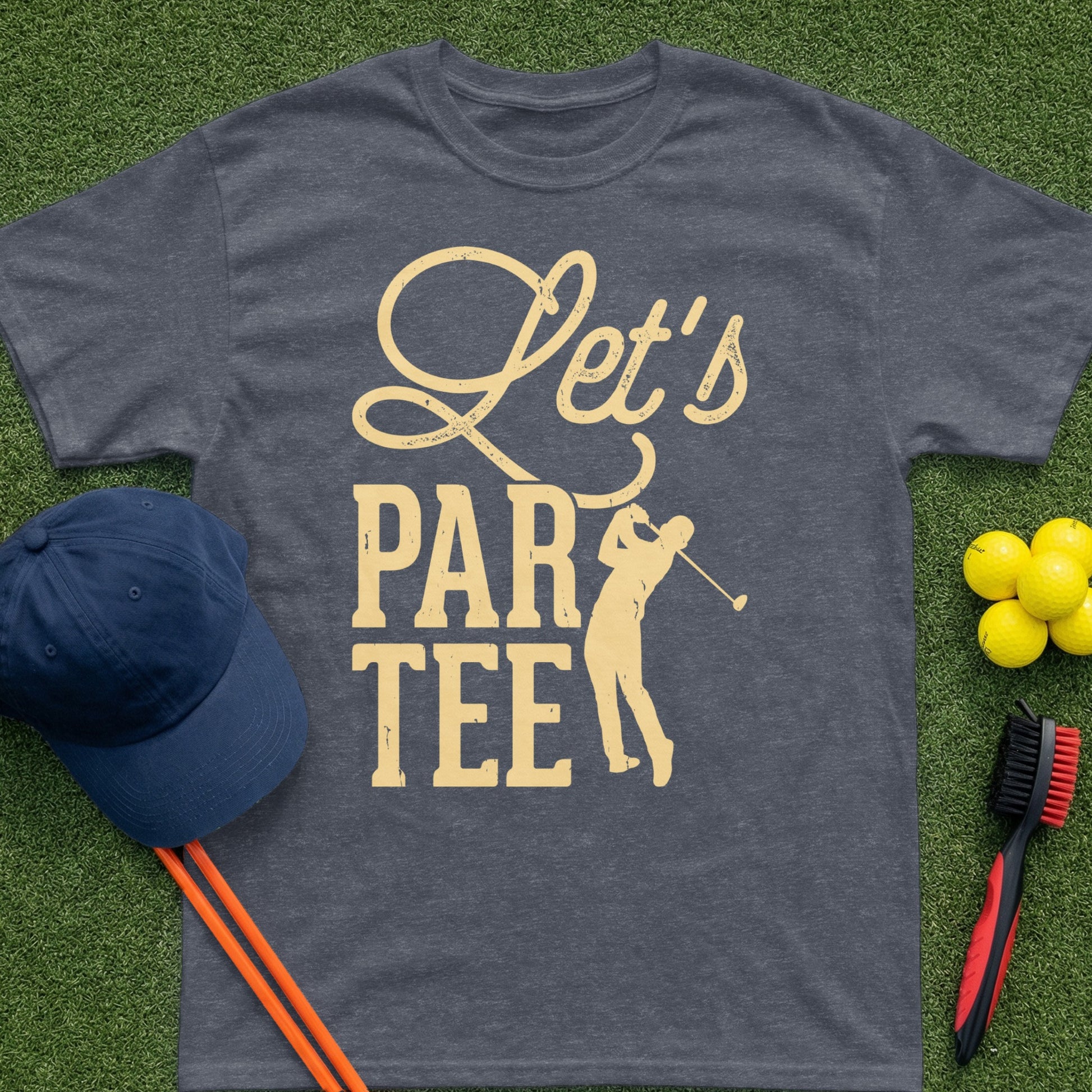 Dark gray t-shirt with "Let's Par Tee" graphic featuring a golfer.