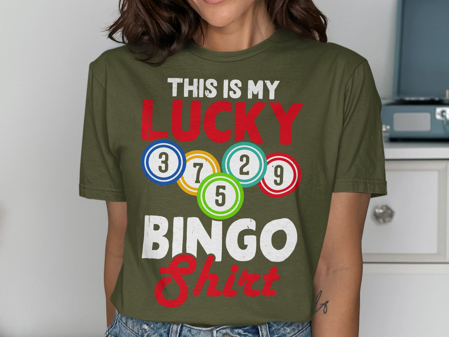 Green t-shirt with "THIS IS MY LUCKY BINGO SHIRT" and bingo balls.