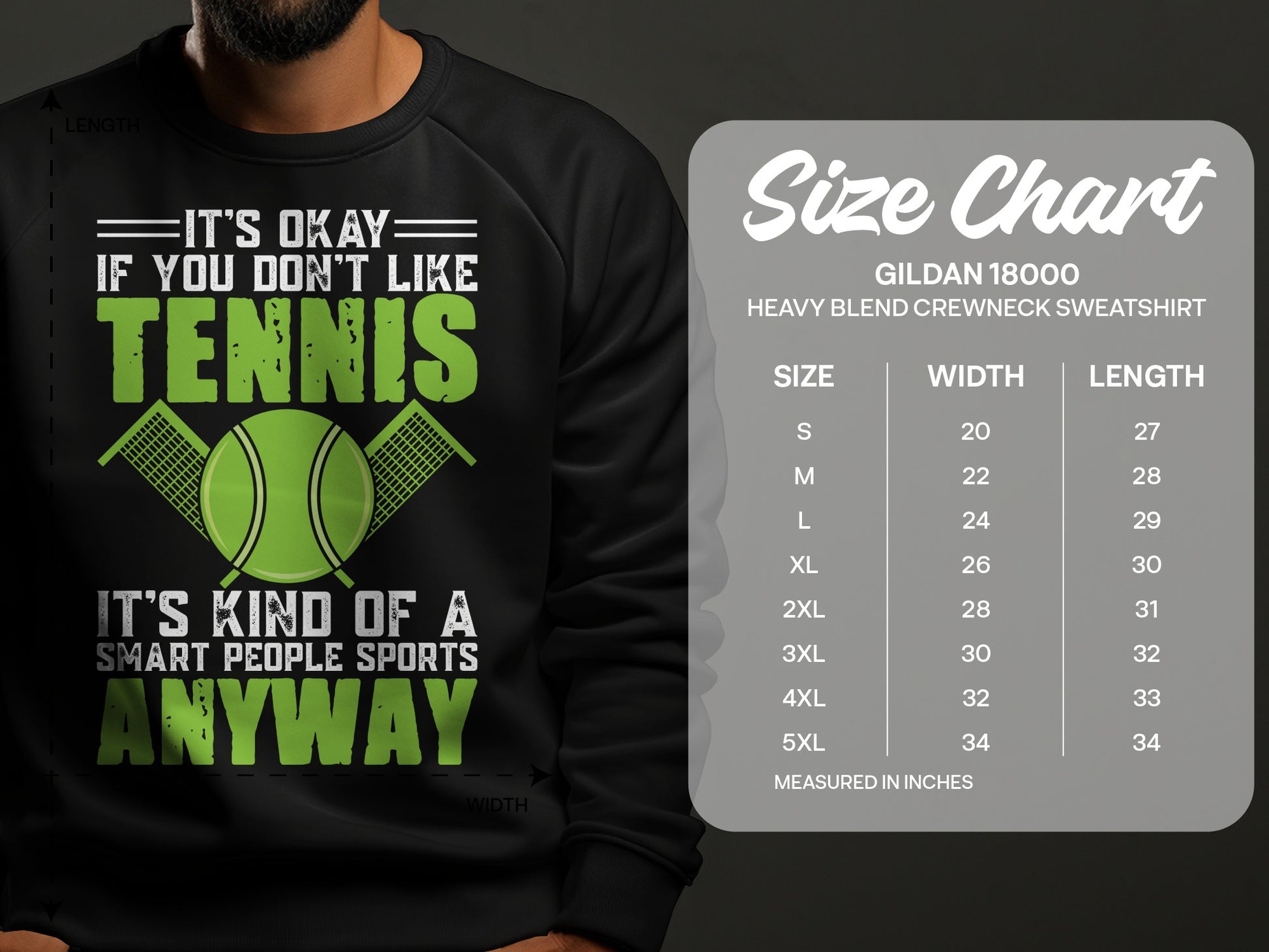 Black sweatshirt with green tennis graphic and "It's okay if you don't like tennis" text.