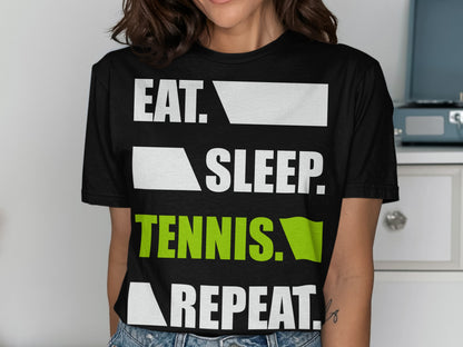 Black t-shirt with "EAT. SLEEP. TENNIS. REPEAT." text in white and green.