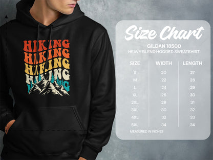 Gildan 18500 hooded sweatshirt size chart with hiking graphic.