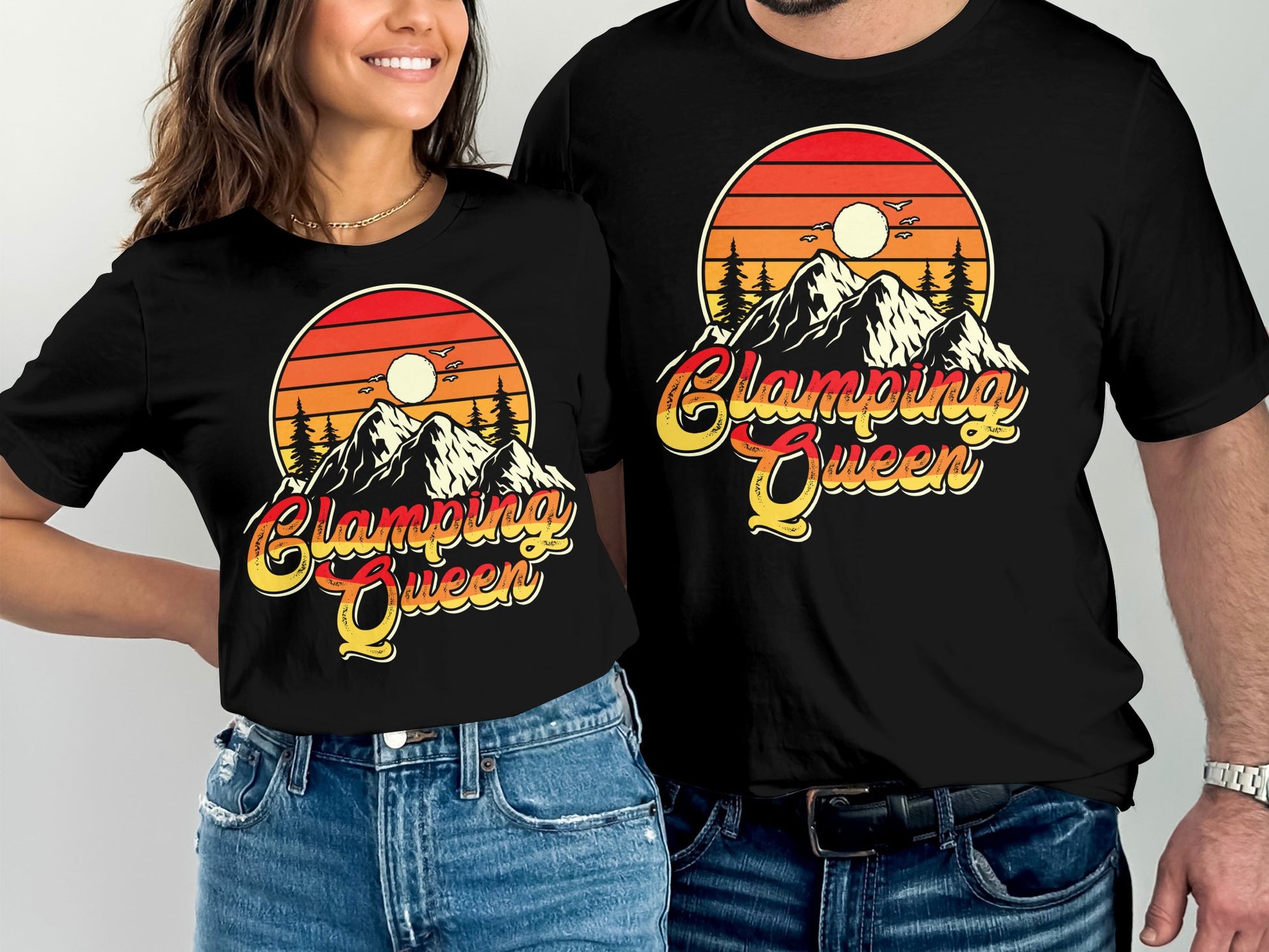 T-shirts with "Glamping Queen" text and mountain sunset graphic.