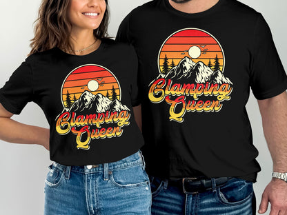 T-shirts with "Glamping Queen" text and mountain sunset graphic.