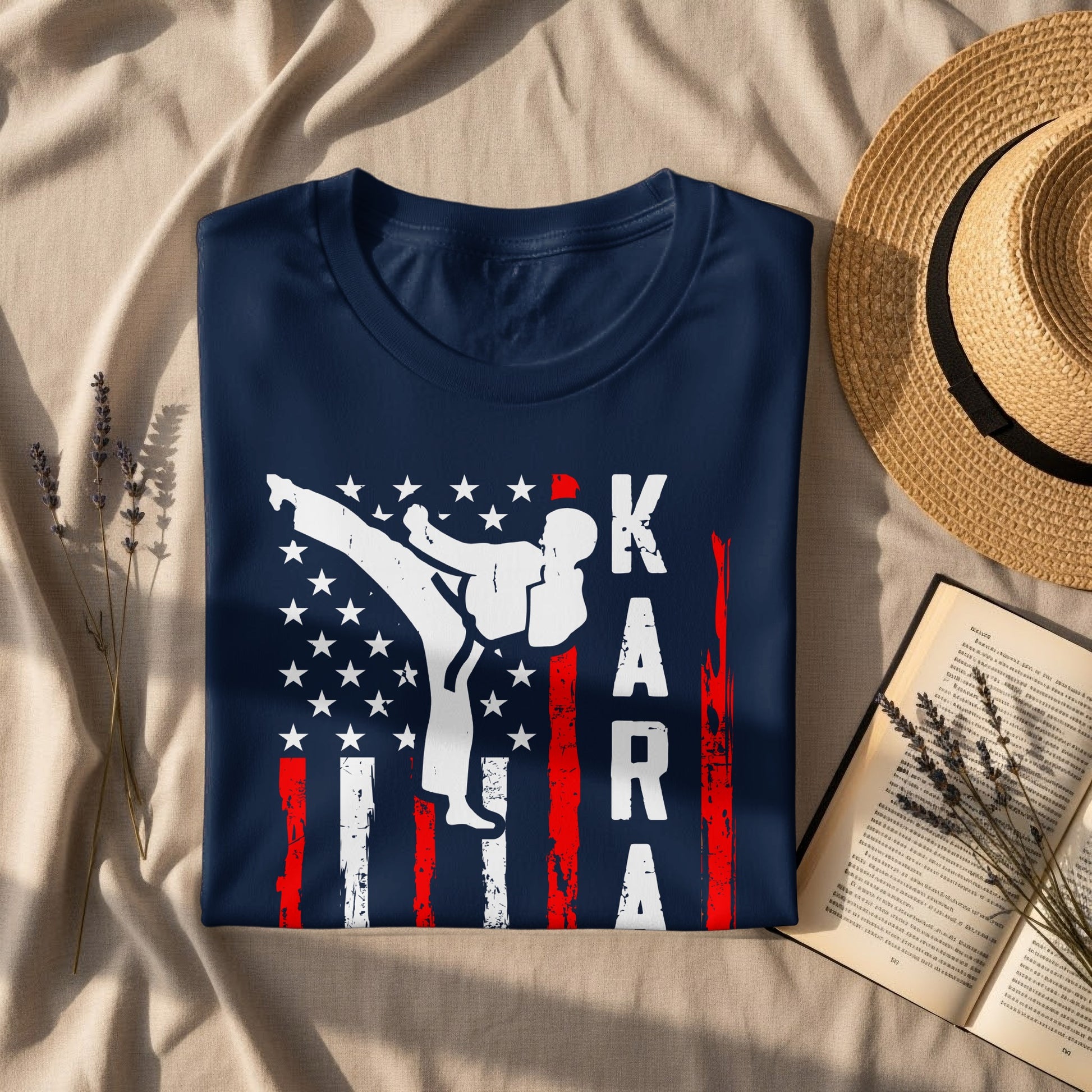 Navy t-shirt with Karate USA flag graphic.