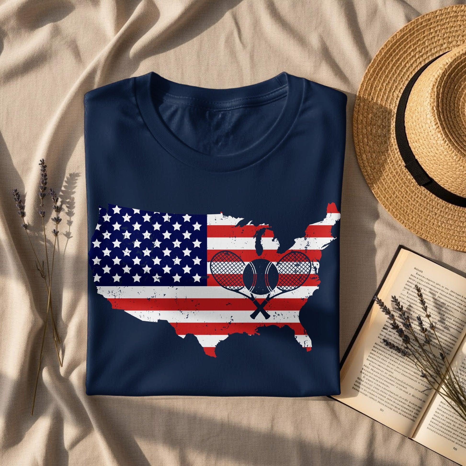 Navy t-shirt with US map design featuring crossed tennis rackets and ball.