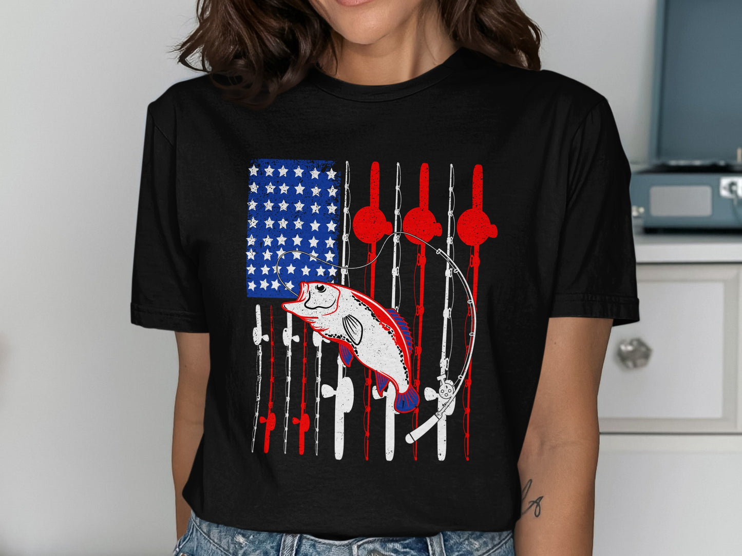 Black t-shirt with distressed American flag, fishing rods, and bass fish graphic.