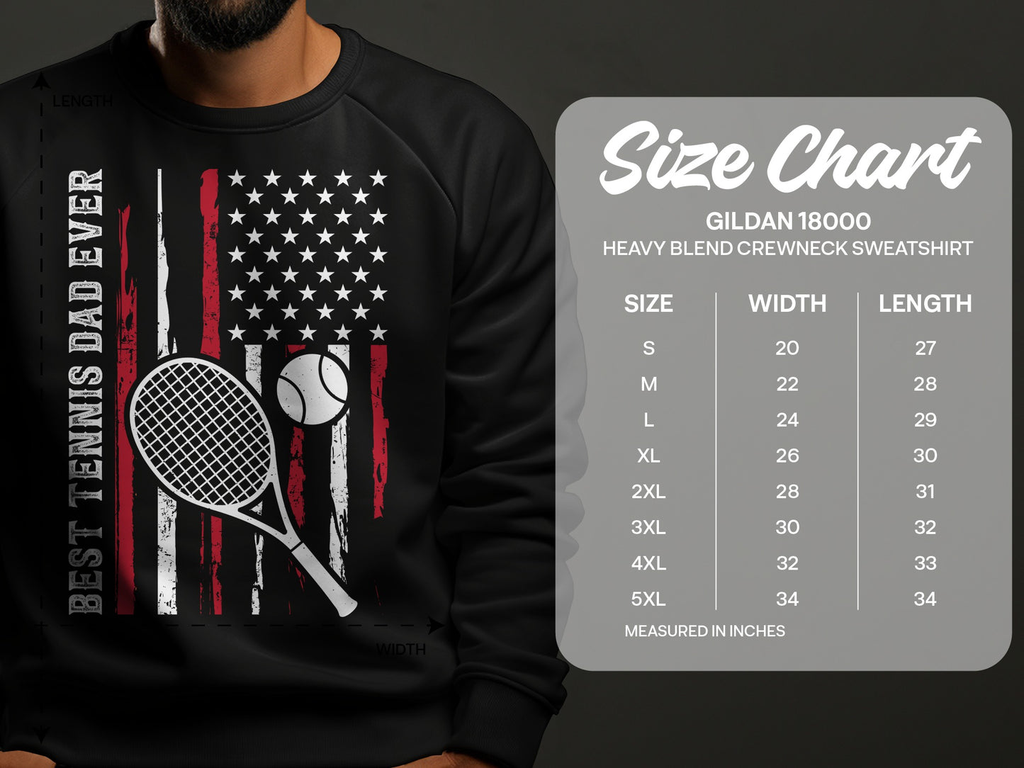 Black sweatshirt with American flag, tennis racket, ball, and size chart.