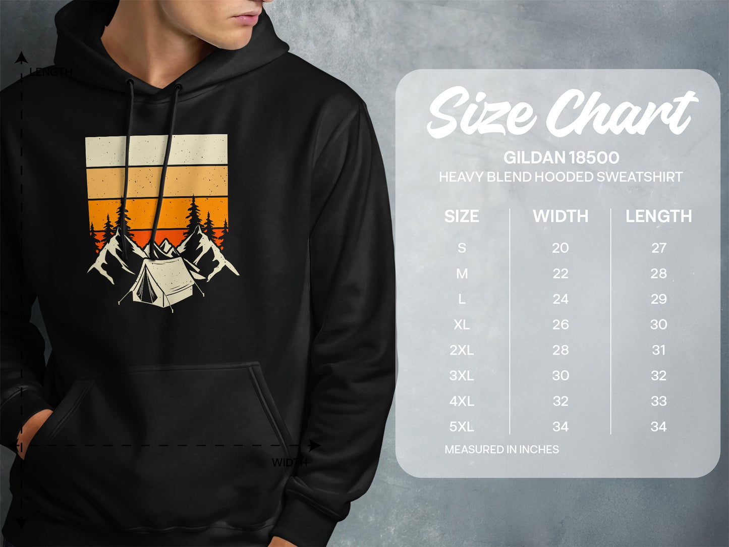 Gildan 18500 hooded sweatshirt size chart with measurements in inches.