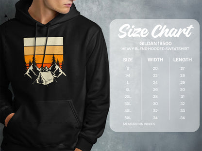 Gildan 18500 hooded sweatshirt size chart with measurements in inches.