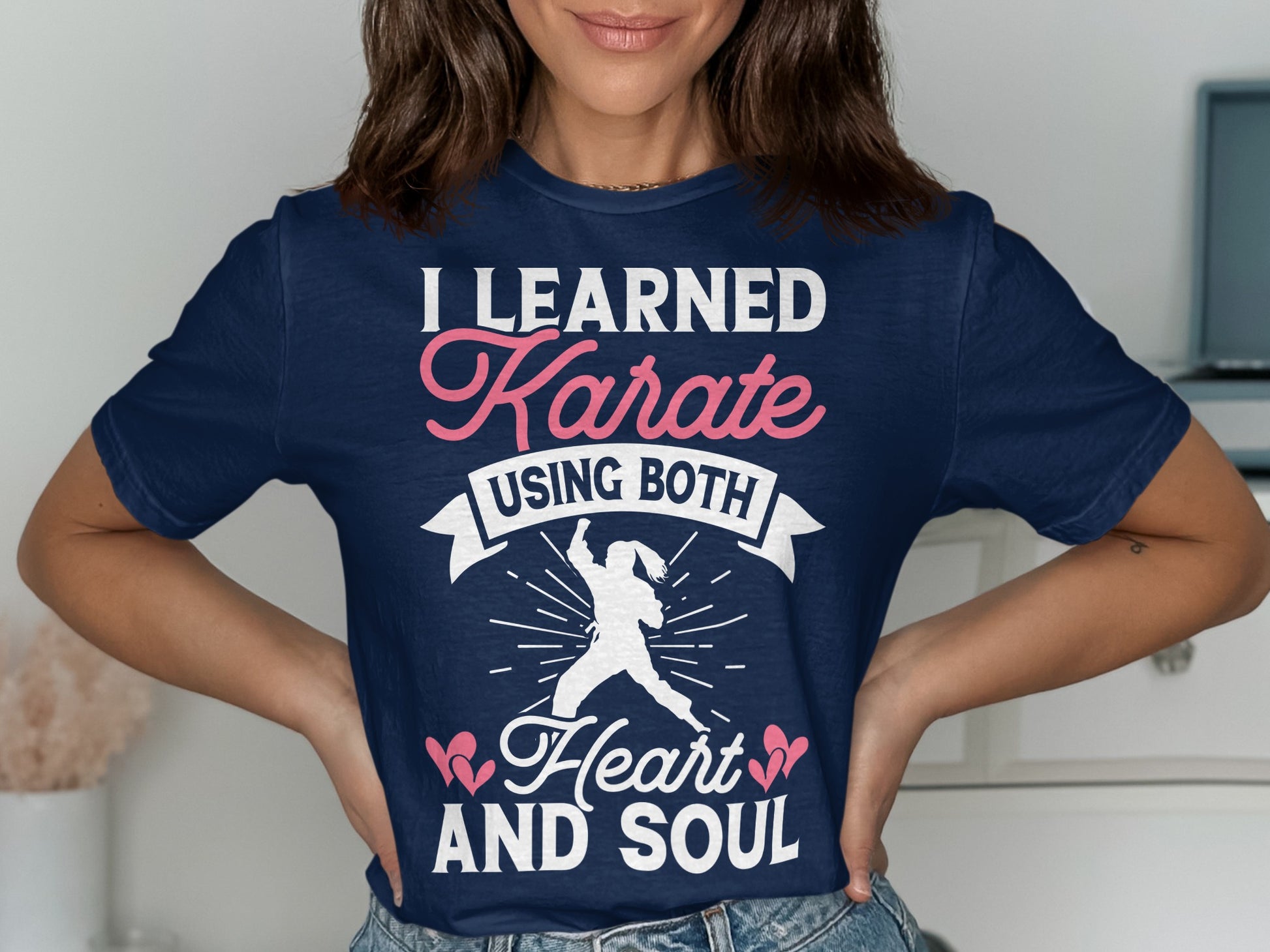 Navy t-shirt with "I learned Karate using both heart and soul" text.
