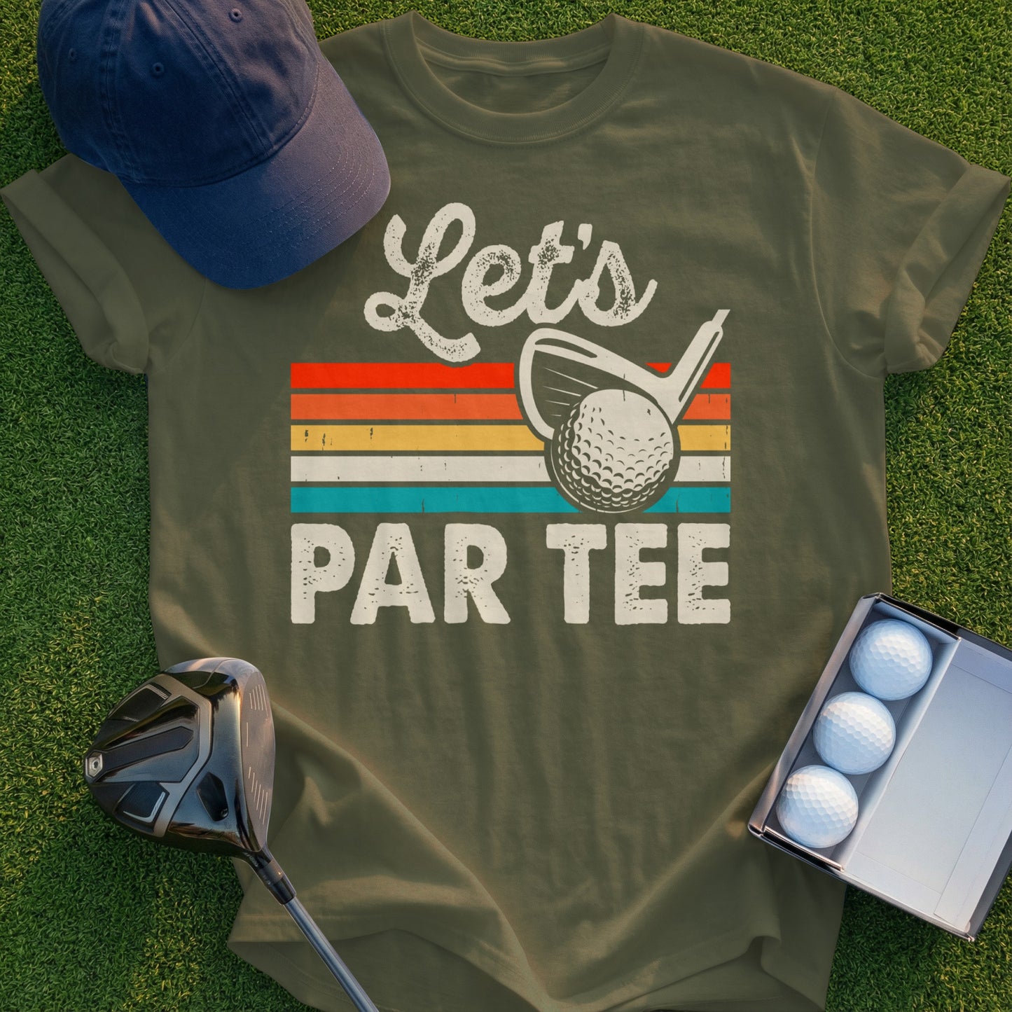 Olive t-shirt with "Let's Par Tee" text and golf imagery.