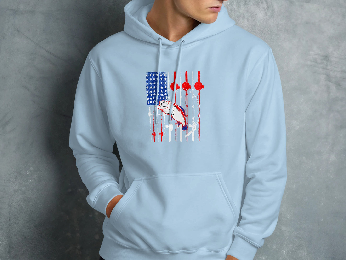 Light blue hoodie with distressed American flag and fishing rods graphic.