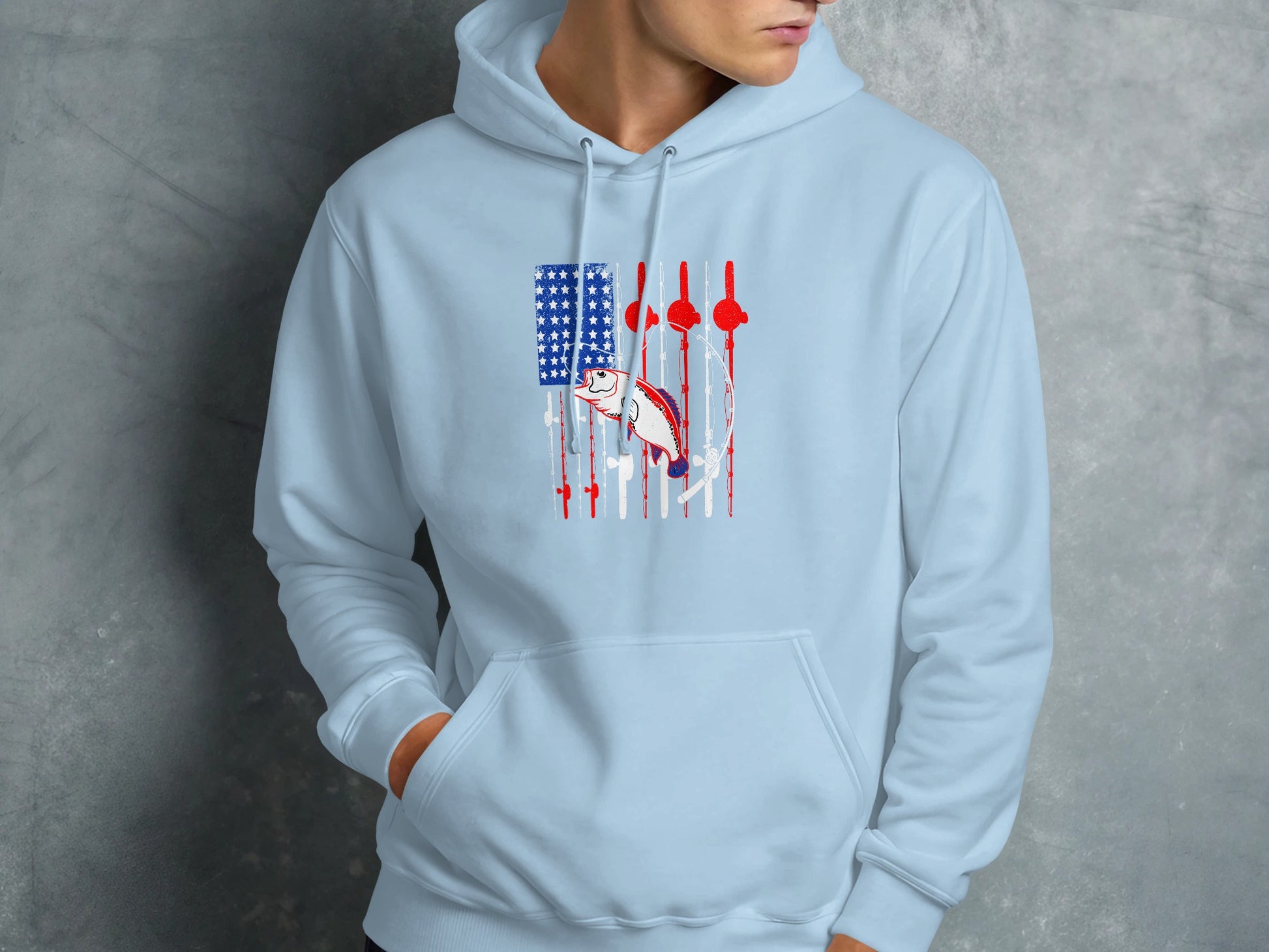 Light blue hoodie with distressed American flag and fishing rods graphic.