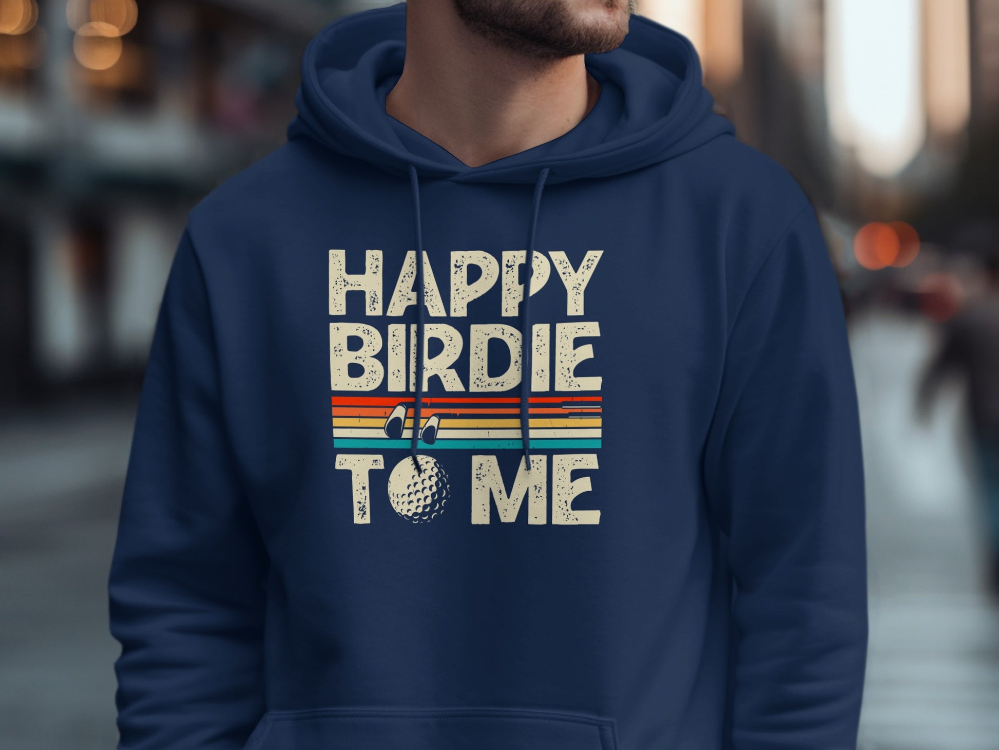 Navy hoodie with "Happy Birdie To Me" text and golf ball graphic.