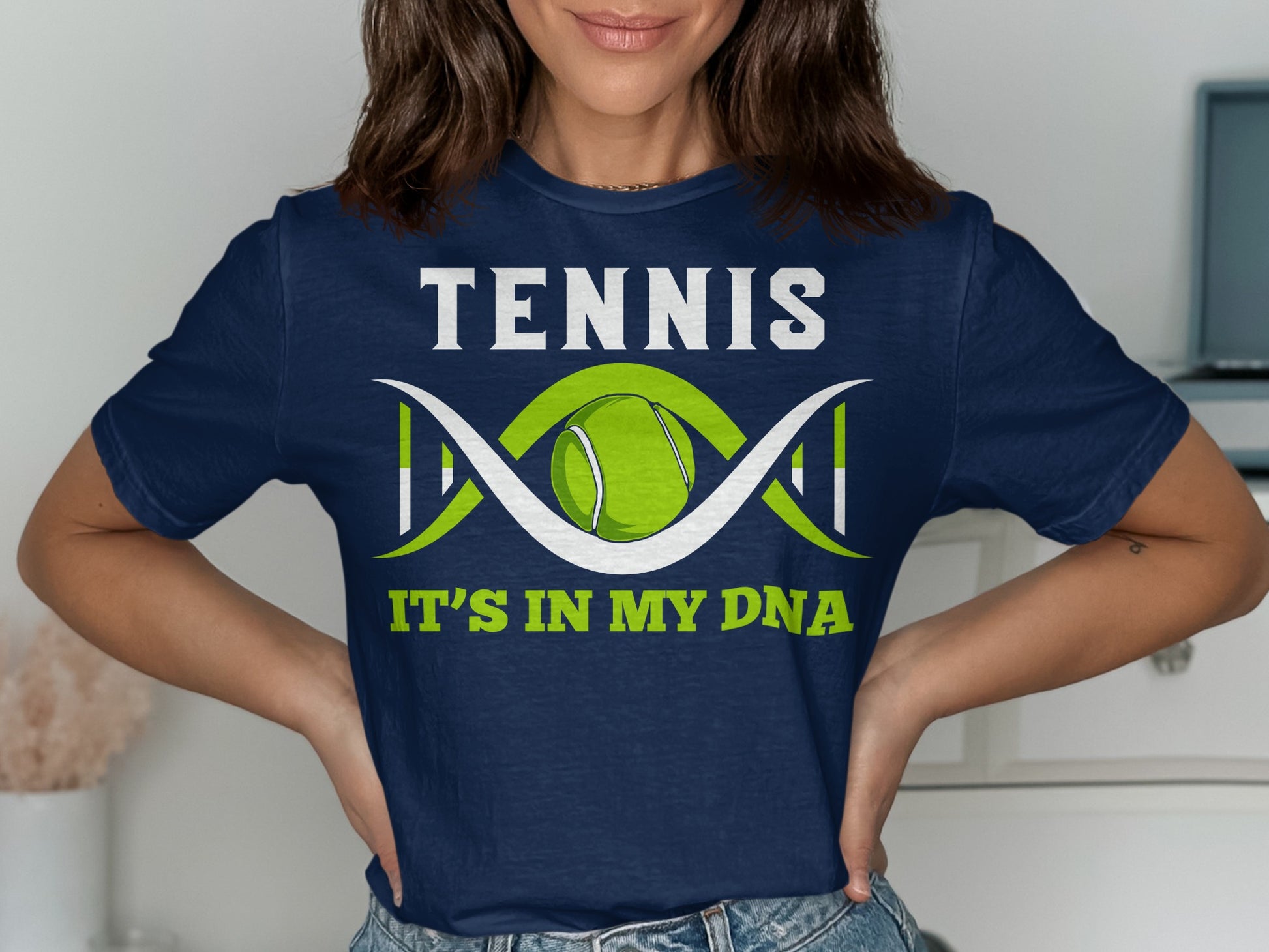 Navy t-shirt with "TENNIS IT'S IN MY DNA" and a tennis ball DNA graphic.