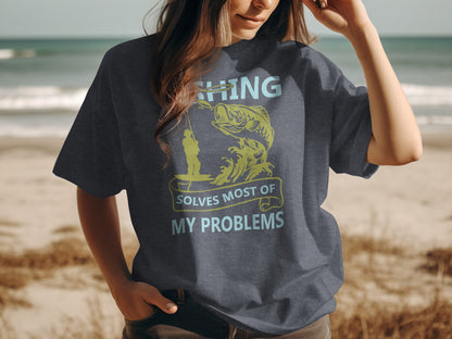 Dark grey t-shirt with yellow text: "FISHING SOLVES MOST OF MY PROBLEMS"