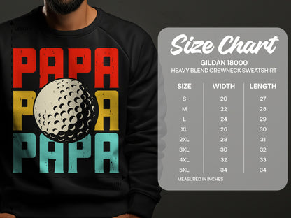 Gildan 18000 sweatshirt size chart with Papa golf ball graphic.