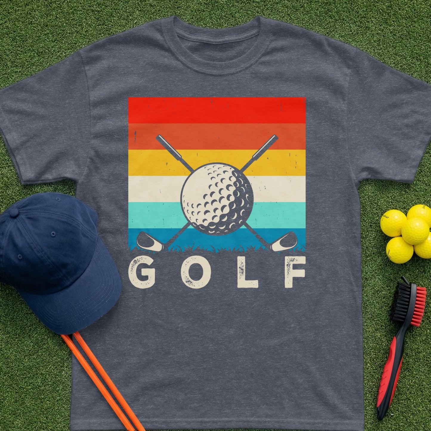 T-shirt with vintage golf ball, crossed clubs, and text "GOLF".