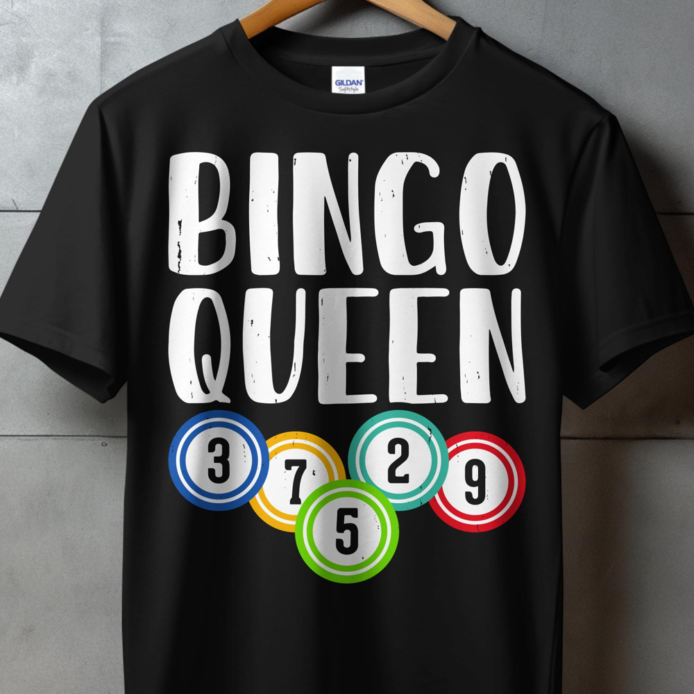 Black t-shirt with "BINGO QUEEN" and colorful bingo balls.