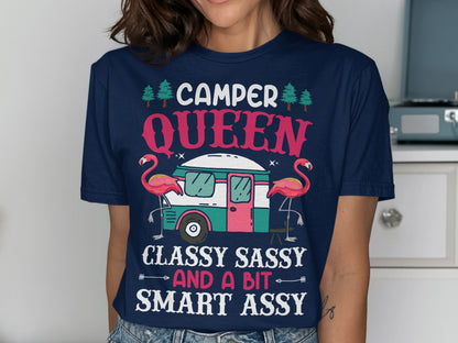 Navy t-shirt with "Camper Queen Classy Sassy and a Bit Smart Assy" text and RV illustration.