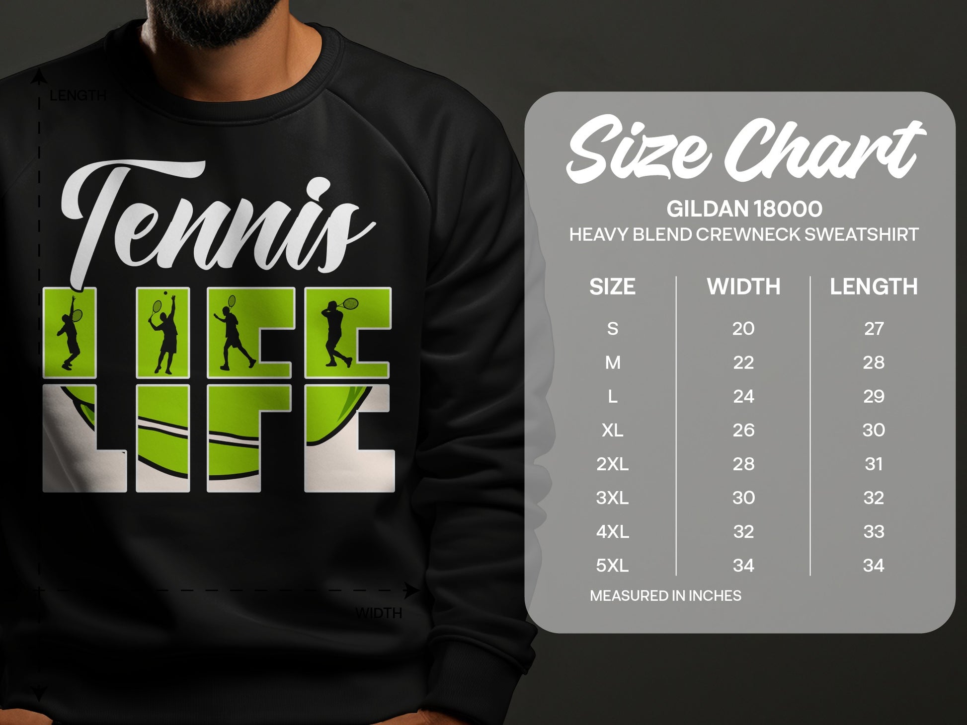 Gildan 18000 sweatshirt size chart showing length and width measurements in inches.