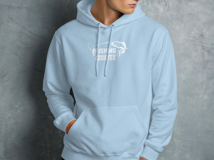 Light blue hooded sweatshirt with "FISHING ADDICTED" text and fish graphic.
