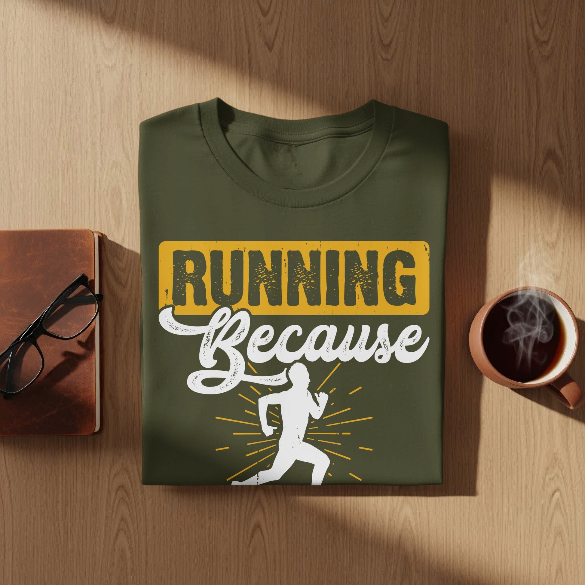 Olive green t-shirt with "Running Because" text and runner graphic.