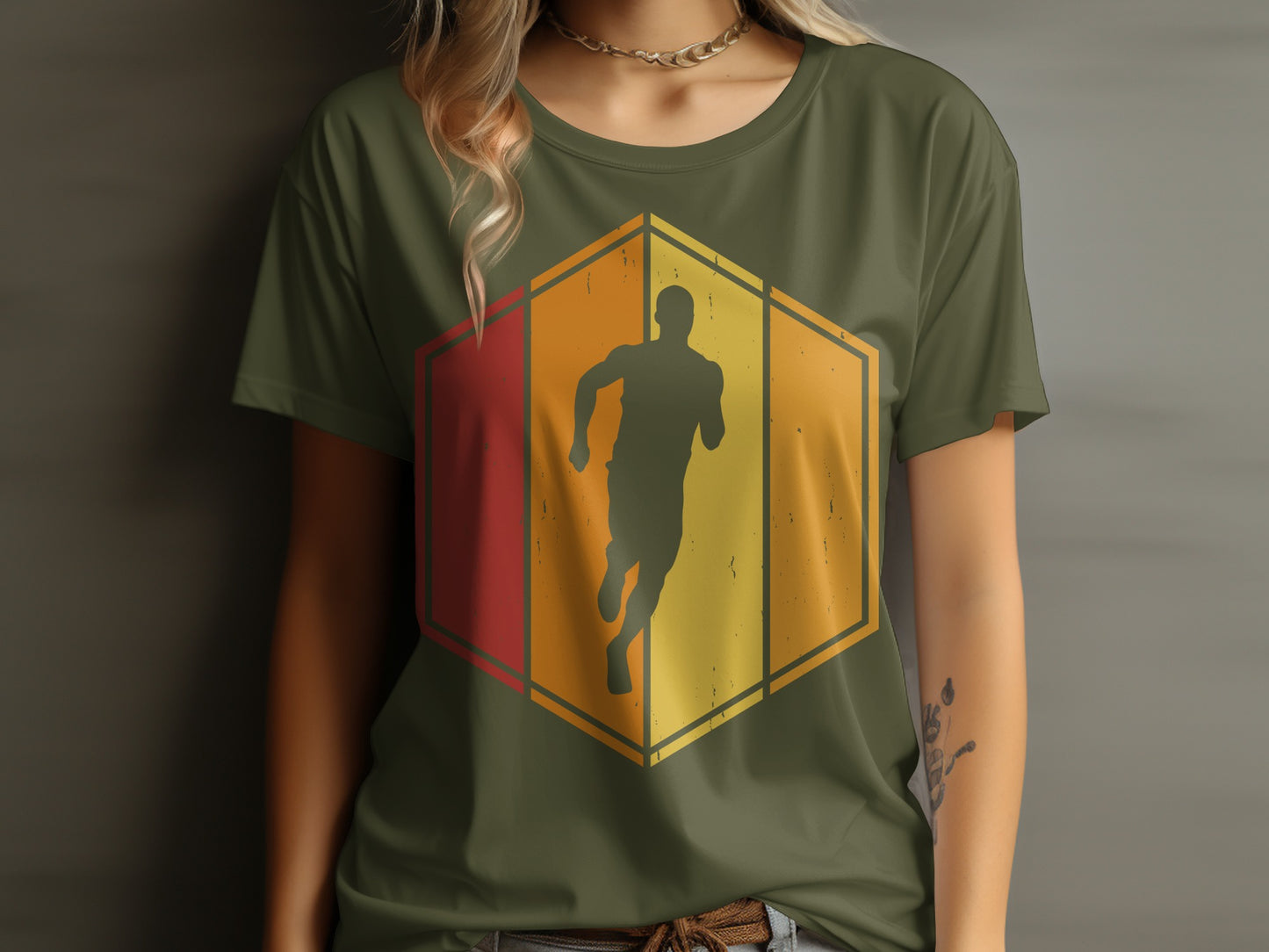 Green t-shirt with a hexagonal graphic of a running figure.