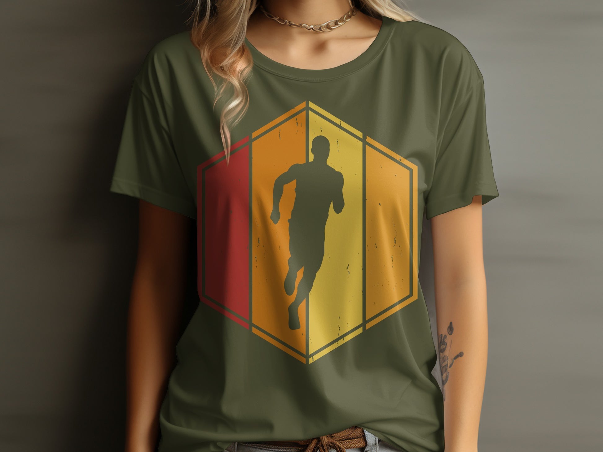Green t-shirt with a hexagonal graphic of a running figure.