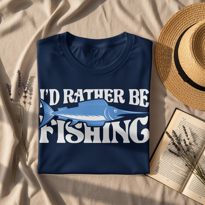 Navy t-shirt with "I'd Rather Be Fishing" and a marlin graphic.
