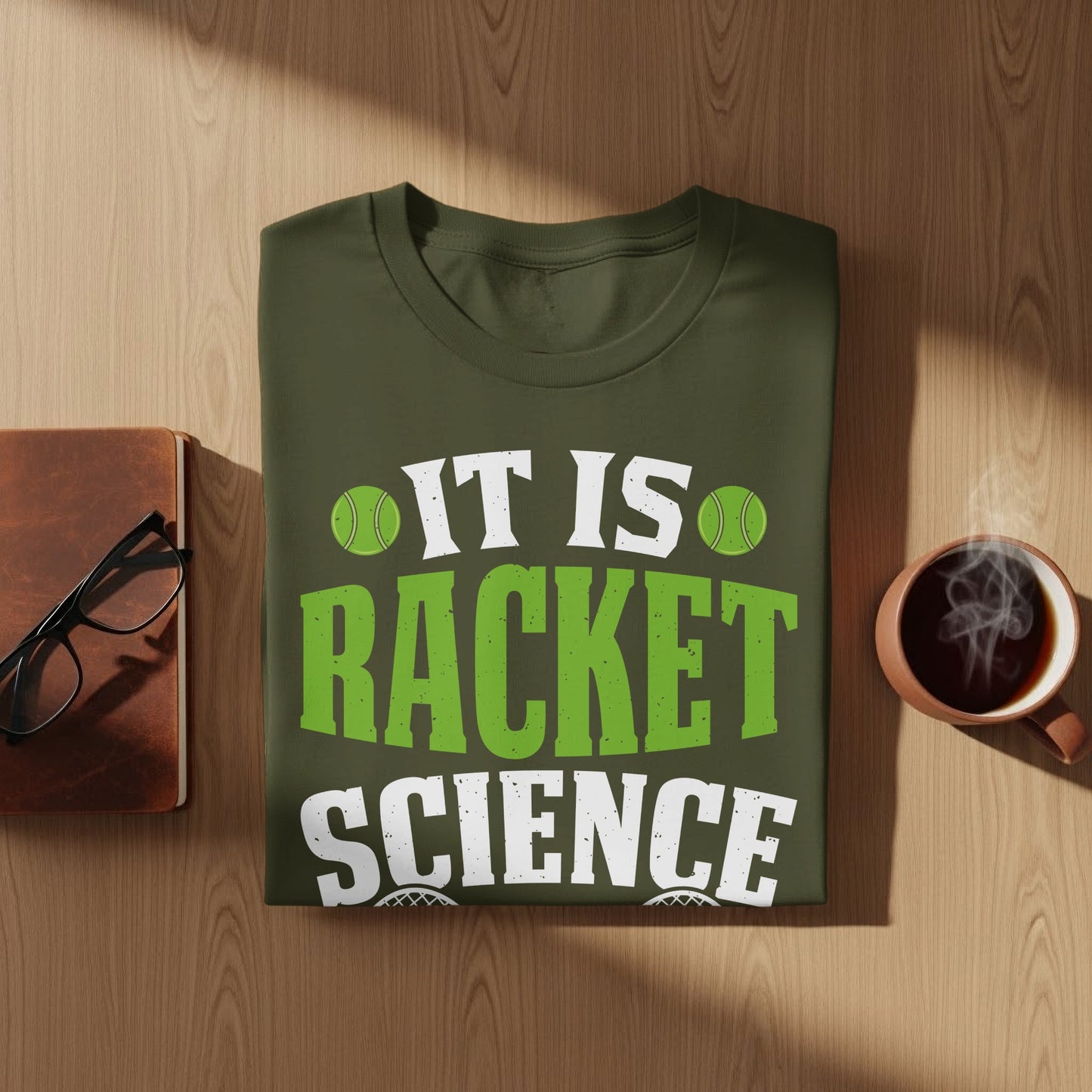 Green t-shirt with "It is Racket Science" text and tennis balls.