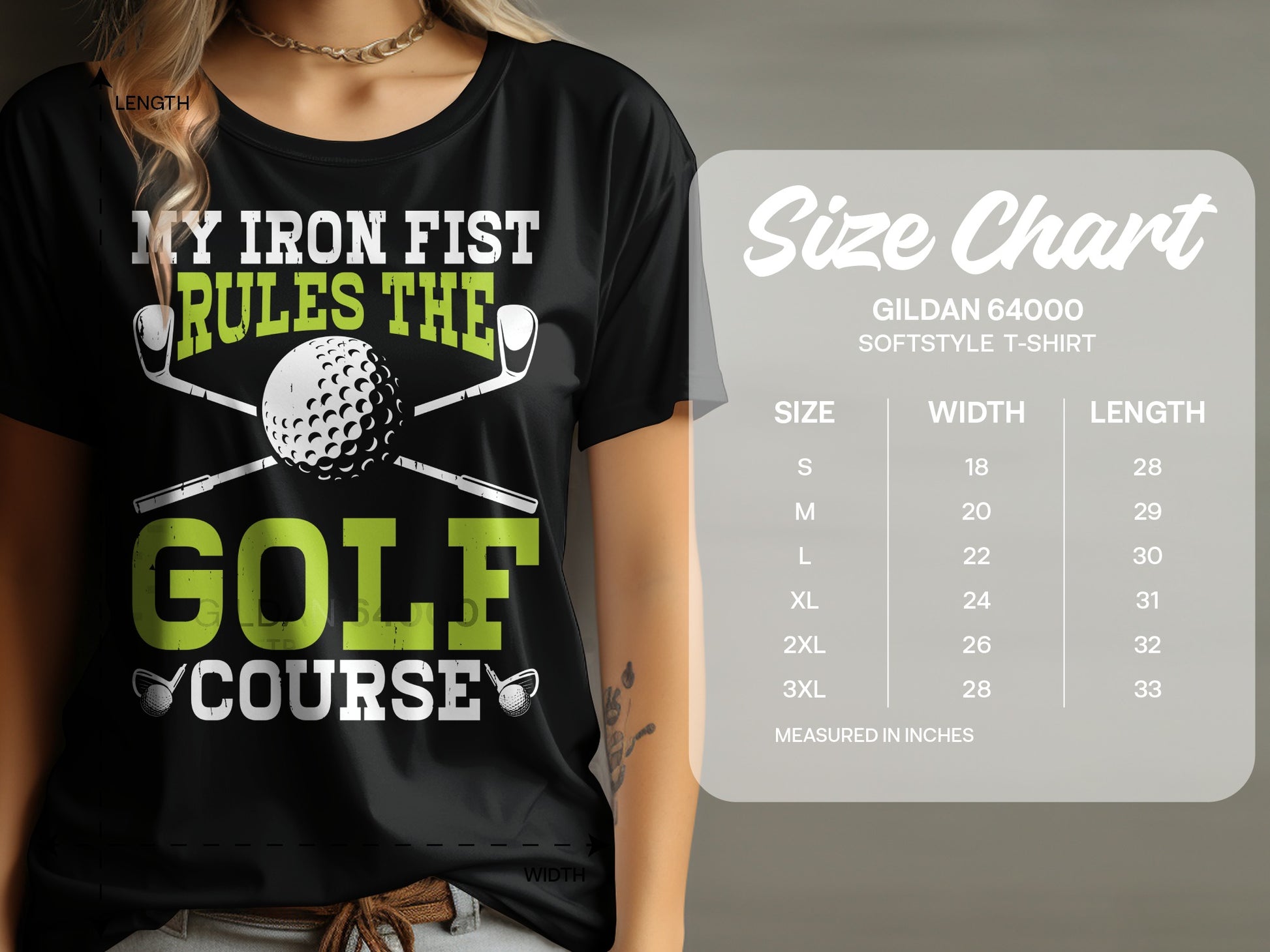 Black t-shirt with "My Iron Fist Rules The Golf Course" graphic and size chart.