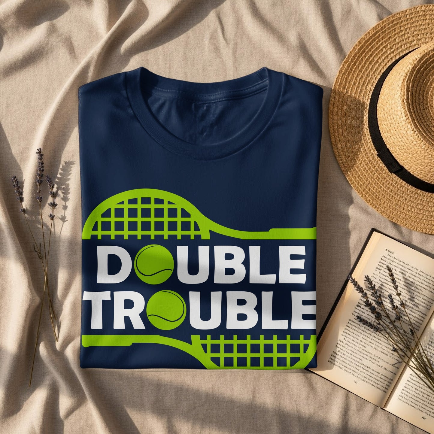 Navy t-shirt with "DOUBLE TROUBLE" text, tennis rackets, and balls.
