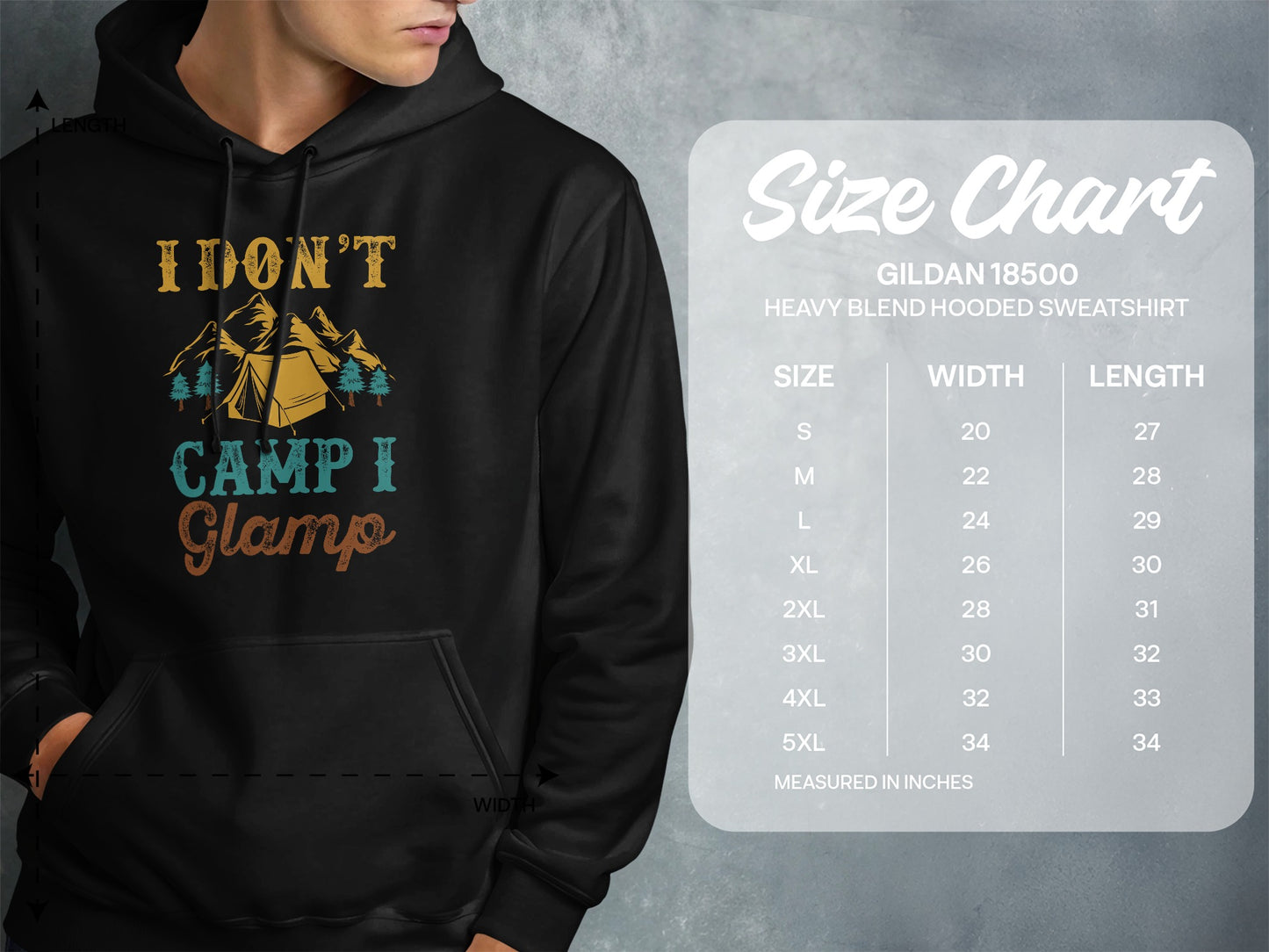 Gildan 18500 hooded sweatshirt size chart with measurements.