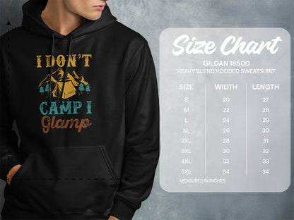 Gildan 18500 hooded sweatshirt size chart with measurements.