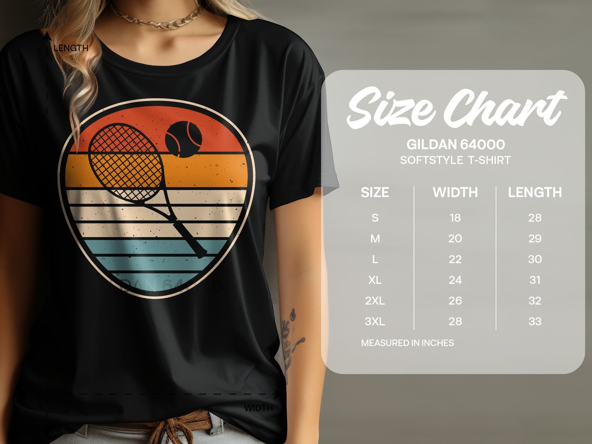 Gildan 64000 t-shirt size chart with measurements in inches.
