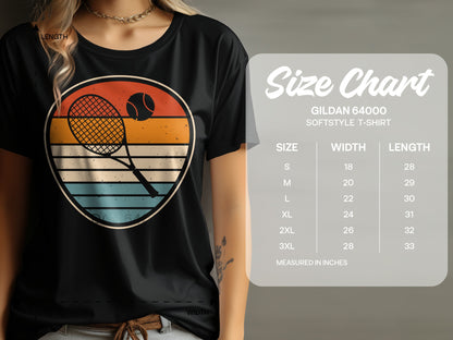 Gildan 64000 t-shirt size chart with measurements in inches.