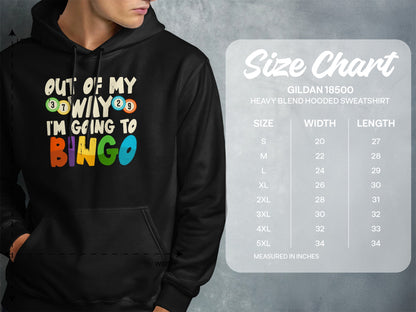 Hoodie with "Out of my mind, I'm going to Bingo" text, next to size chart.