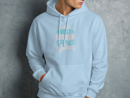 Light blue hoodie with "The Best Cat Dad in the Galaxy" text.