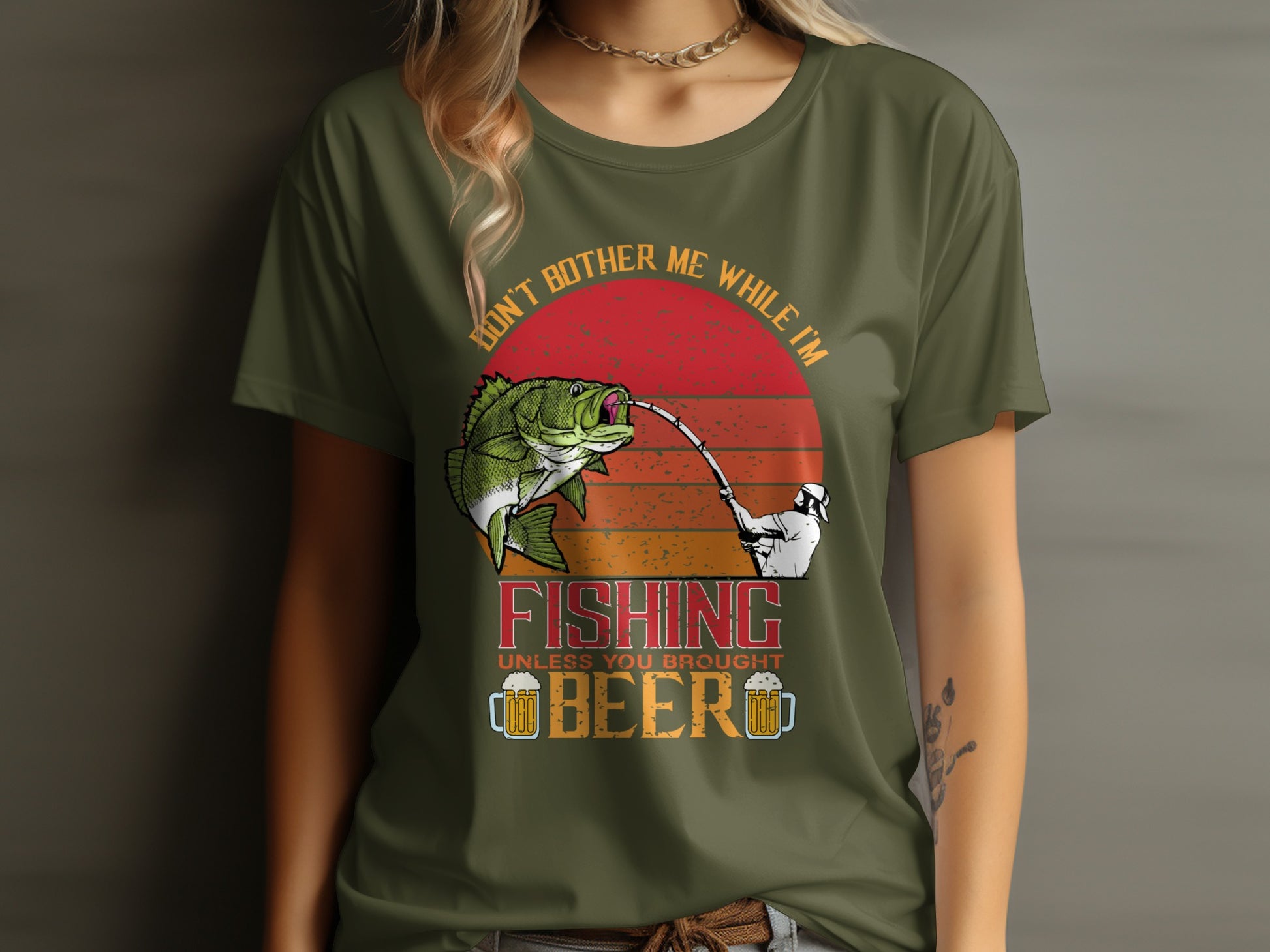 Fishing t-shirt with a fish on a line and text.