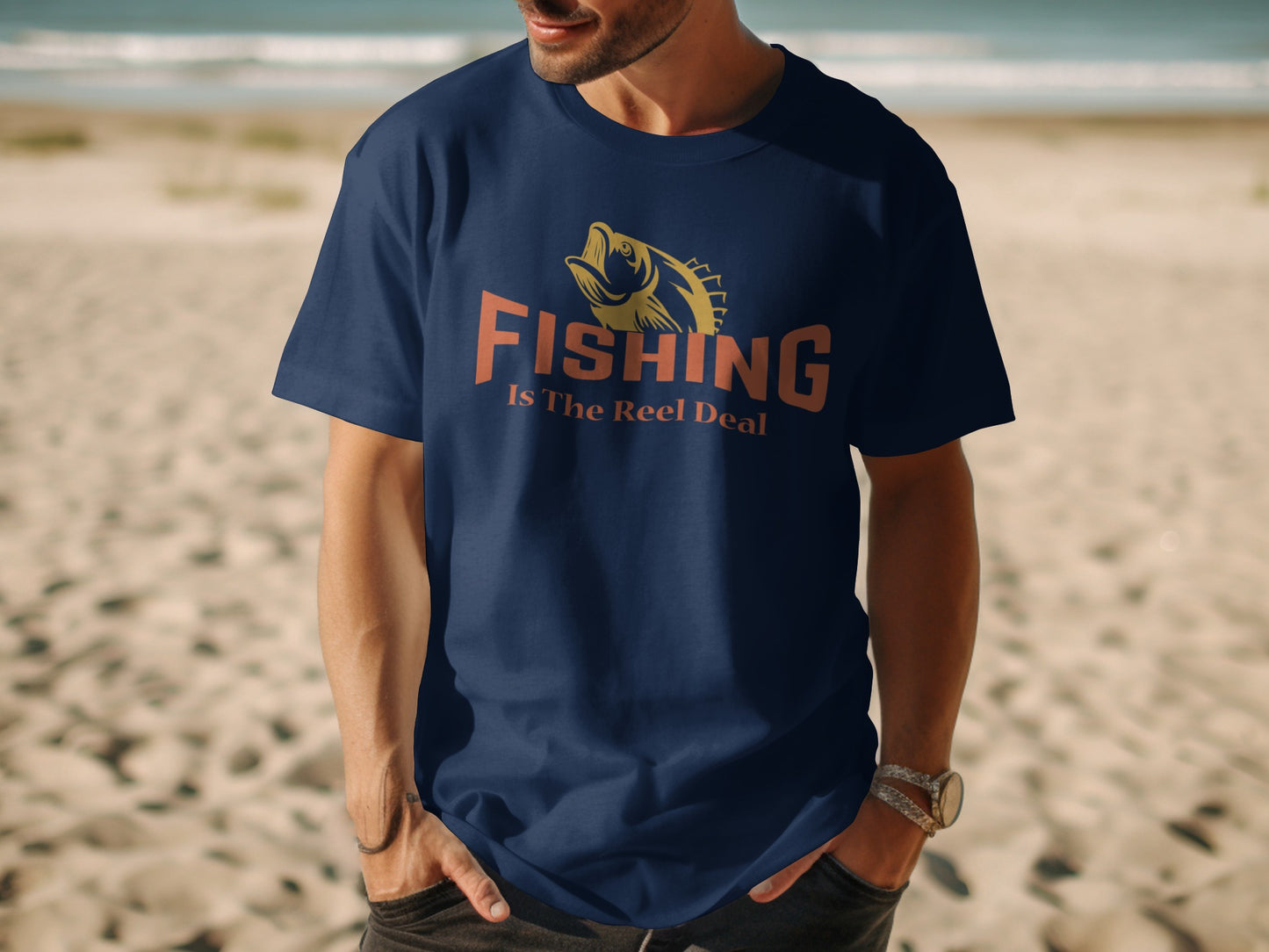 Navy t-shirt with "Fishing Is The Reel Deal" text and a jumping fish graphic.