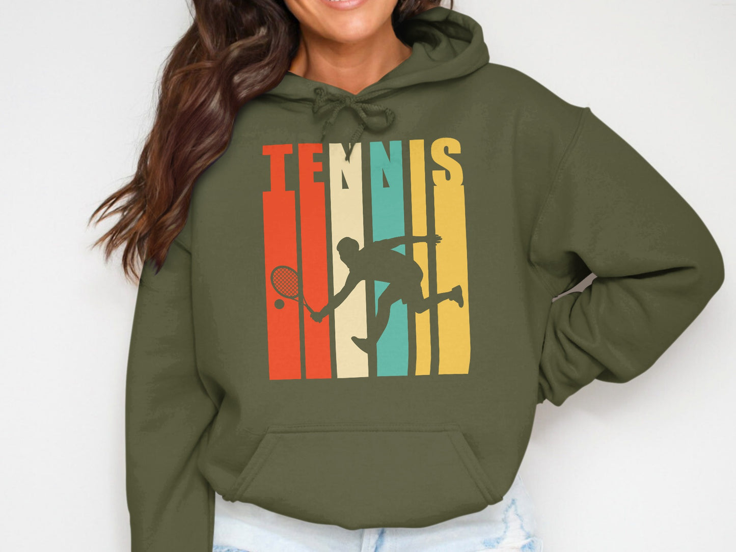 Green hoodie with "TENNIS" in colorful stripes and a tennis player silhouette.