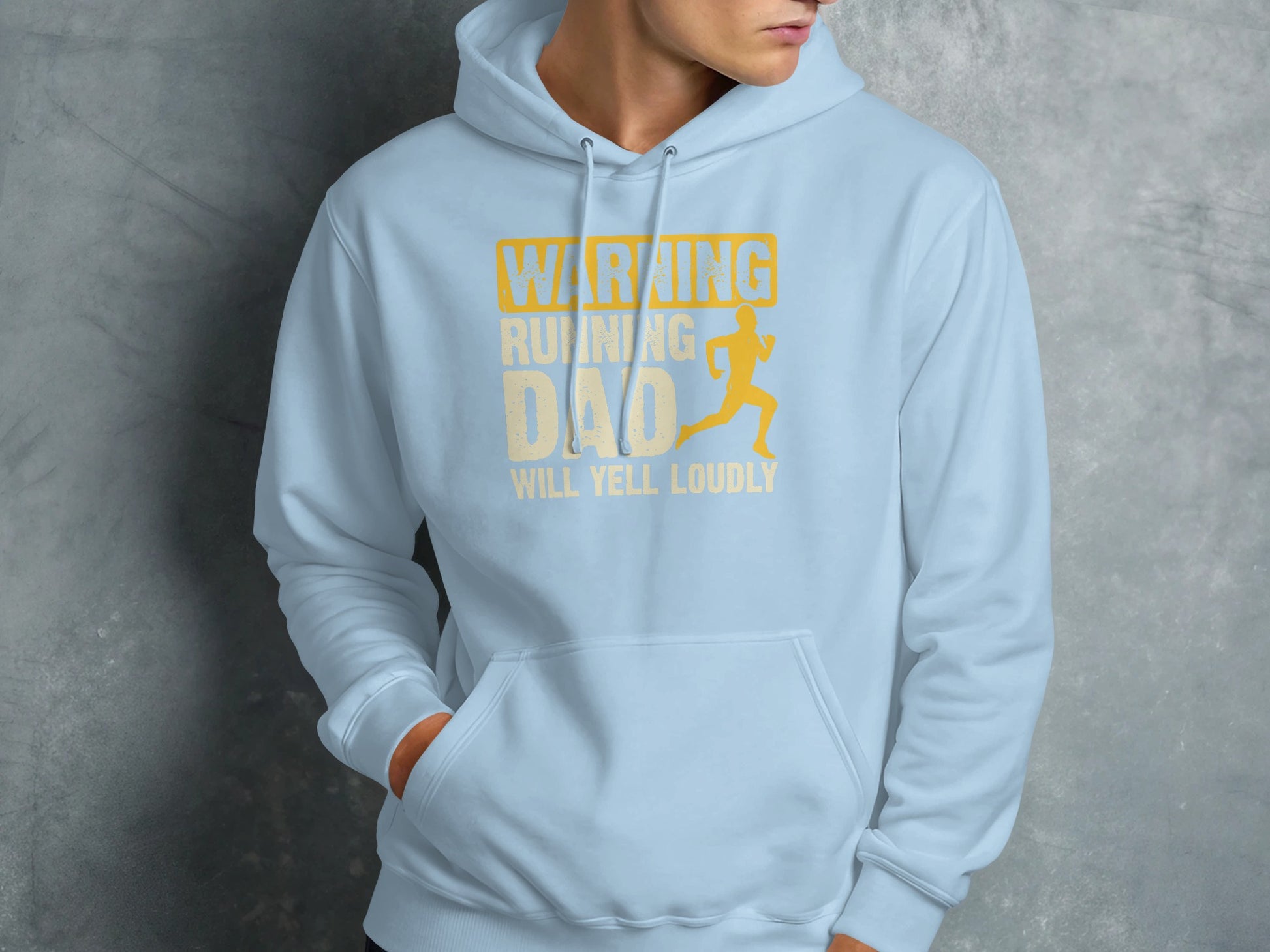 Light blue hoodie with "WARNING RUNNING DAD WILL YELL LOUDLY" text and runner graphic.