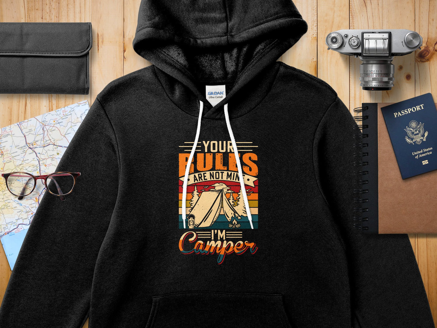 Black Gildan hoodie with "YOUR RULES ARE NOT MINES I'M A CAMPER" text and camping graphic.