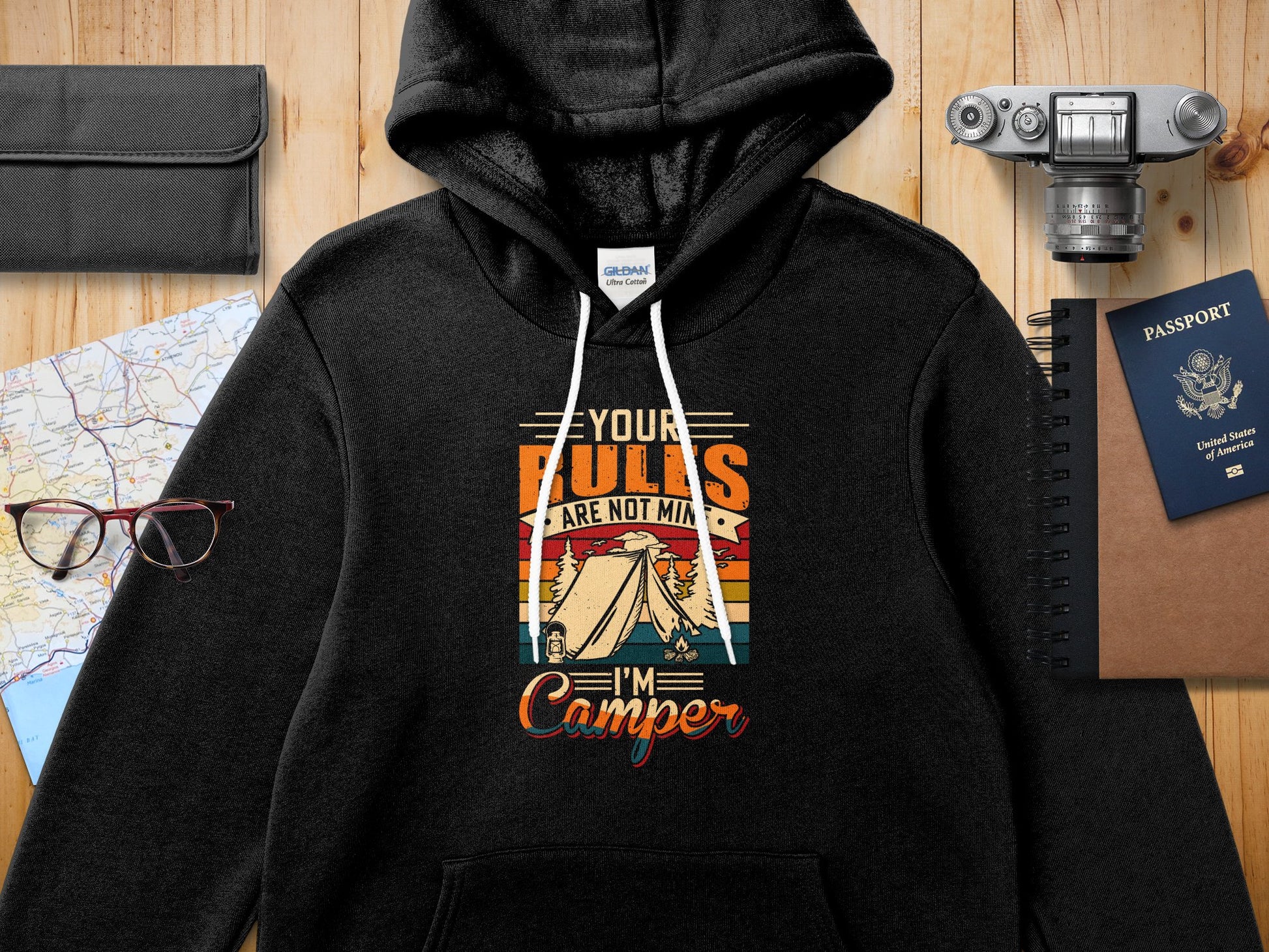 Black Gildan hoodie with "YOUR RULES ARE NOT MINES I'M A CAMPER" text and camping graphic.