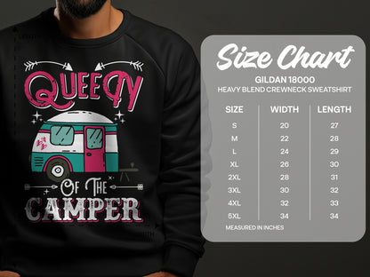 Gildan 18000 sweatshirt size chart with camper graphic.