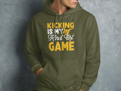 Green hoodie with "Kicking is my kind of game" text and karate silhouette.