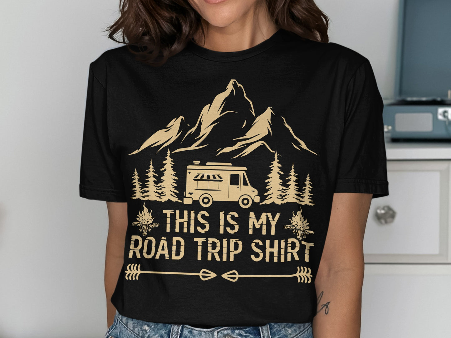Black t-shirt with camping van, mountains, trees, and "This Is My Road Trip Shirt" text.
