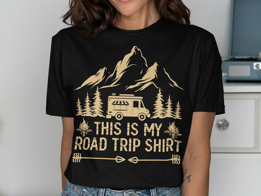 Black t-shirt with camping van, mountains, trees, and "This Is My Road Trip Shirt" text.